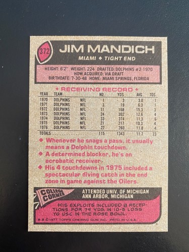 1977 TOPPS FOOTBALL #372 JIM MANDICH!! NM-MT OR BETTER!! $1 SHIPPING!! - Picture 2 of 2
