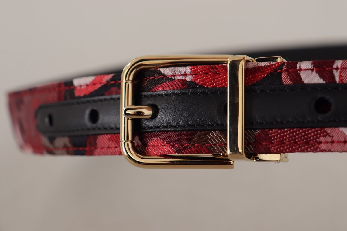 DOLCE & GABBANA Belt Red Jacquard Rose Leather Gold Metal