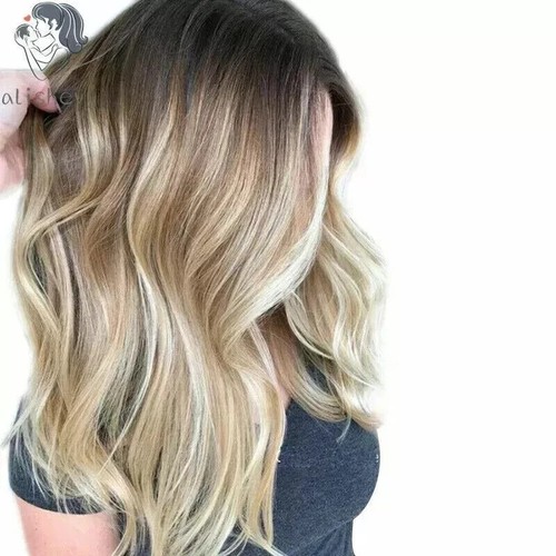 100% Human Hair New Women's Long Natural Brown Blond Mix Wavy Full Wig 20 Inch - Picture 2 of 3