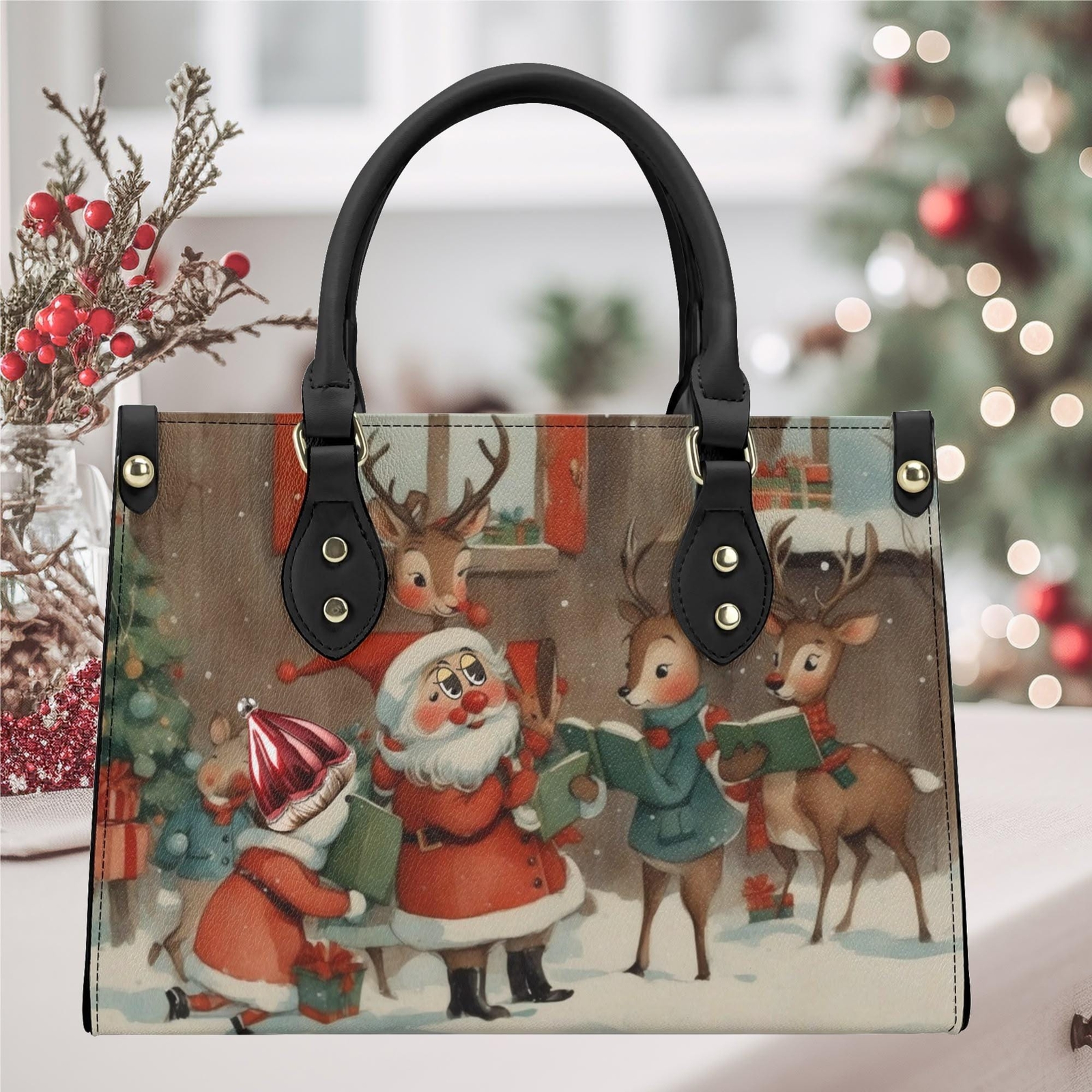 Handbag shoulder purse tote Vegan leather whimsical Holiday Santa Claus-image