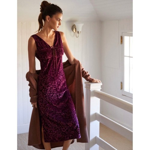 By Anthropologie Velvet Burnout Slip Midi Dress XS Wine Floral Whimsigoth 90s