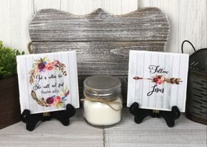Handmade-Decorative-Ceramic-Tiles-w-Easels-4pc-Set-Religious-Floral-Wood