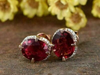 Women's 2Ct Lab Created Oval Cut Red Ruby Stud Earrings 14K Yellow Gold Over