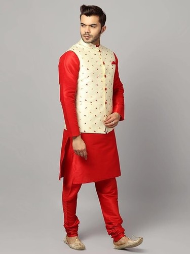 Men's Silk Blend Kurta & Churidar Pyjama With Ethnic Bundi Jacket | 3 In 1 | - Imagen 102 de 182