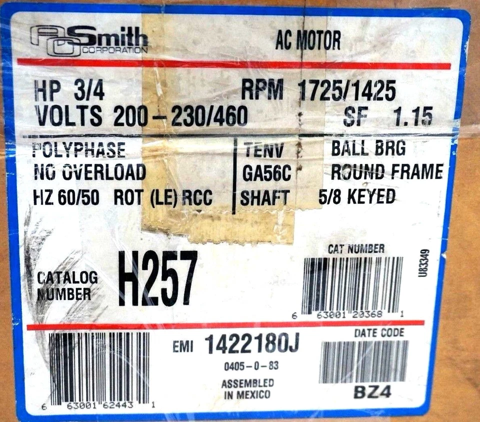 NEW A.O. SMITH 7-142218-03 AC MOTOR H257 3/4 H.P. 1725 R.P.M. 714221803 - Image 3 of 4