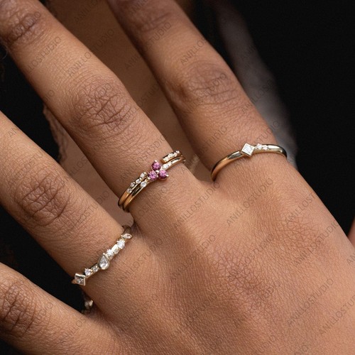 Natural Pink Sapphire 14k Yellow Gold Trio Sapphire Ring Size 7 For Girls - Picture 3 of 4