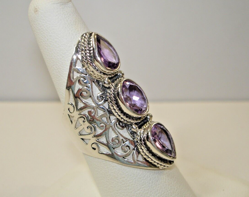 AB Beautiful Amethyst Purple Three-Stone Filigree .925 Sterling Silver Ring 8 - Picture 3 of 5