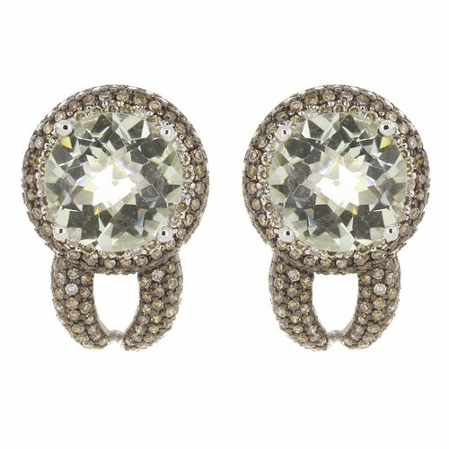 Pendientes de lujo de oro blanco de 14 K 0,62 quilates de amatista verde, diamante marrón y blanco - Imagen 2 de 3