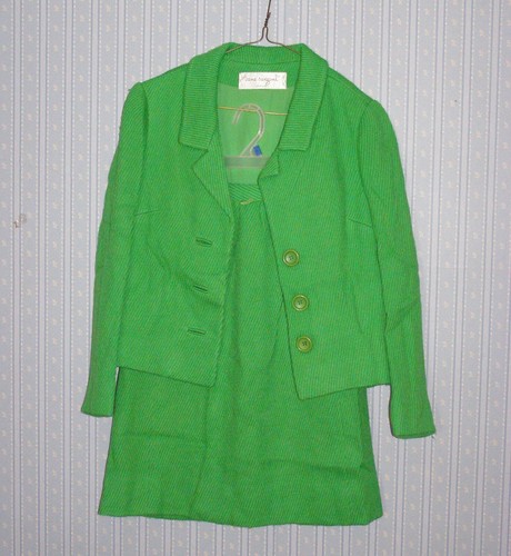 Vintage 60's kelly green skirt suit RIBBED TEXTURE gold chain XS S A-line MOD - Picture 11 of 14