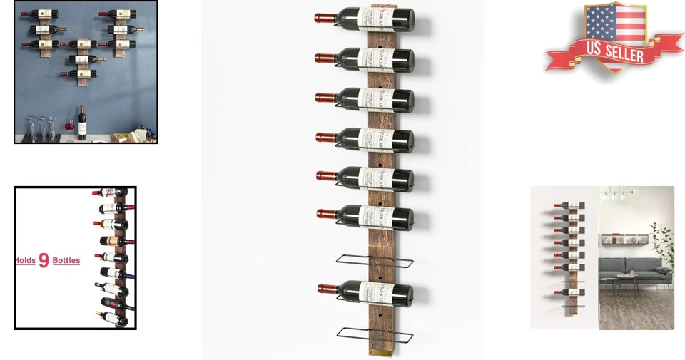 Estante de vino de madera rústica para montaje en pared - Organizador de 9 botellas - Soporte de exhibición versátil Foto 2 de 4