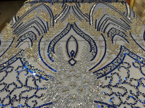 Royal Blue Beaded Iridescent Sequins Embroidery Lace Fabric 50” Width 1 YARD - Picture 9 of 10