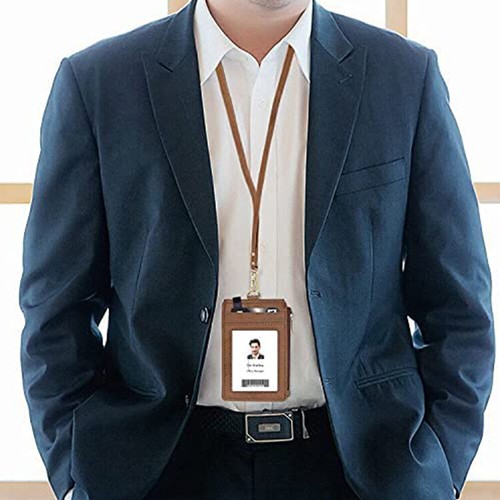 Leder Ausweisetui vertikal Abzeichen Geldbörse mehrere Fächer Umhängeband Schlüsselband - Bild 3 von 17