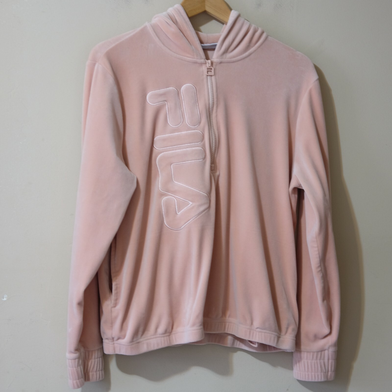 Felpa donna Fila taglia L rosa mezza zip manica lunga pile con cappuccio #p32 48