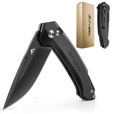 FLISSA 3.2'' Folding Pocket Knife Carbon Fiber Handle w/Pocket Clip & Button Lock