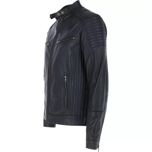 Giacca biker uomo pelle nera spalla trapuntata stile moto slim fit capospalla - Foto 3 di 5