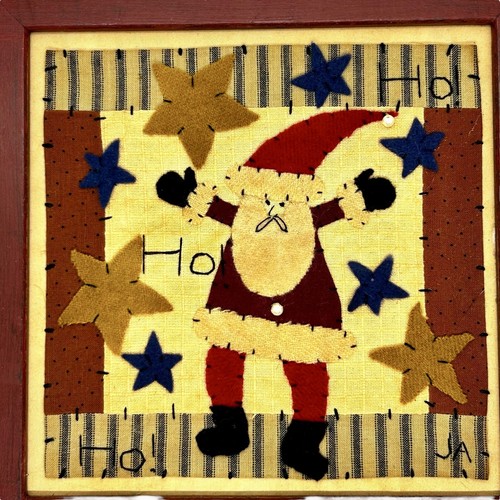 Christmas Santa Vtg Wooden Framed Quilted Stars Hand Made Signed Hanging Decor - Picture 8 of 8