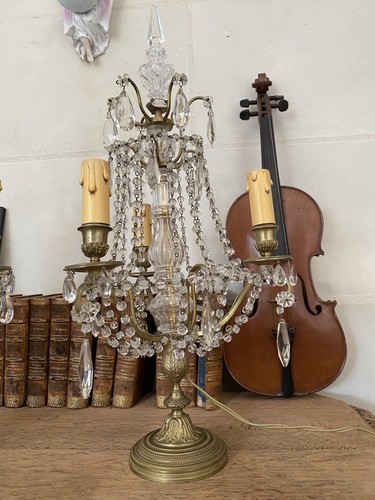 ANTIQUE FRENCH LOUIS XVI BRONZE CRISTAL PENDANT GIRONDOLES CANDELABRA TABLE LAMP - Picture 6 of 24