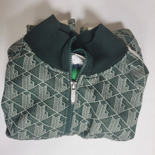 Lacoste Live Monogram Print Zip Sweatshirt Unisex Size S Green White Arm Stripes - Picture 8 of 8