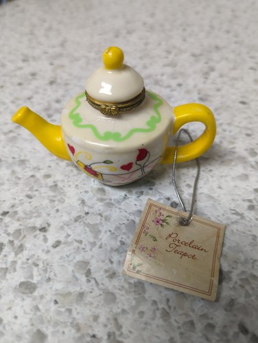 Vintage Teapot Yellow Handles Cake Wine Hearts Mini Hinged Trinket Box 3” H