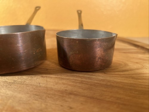 VINTAGE BAZAR FRANCAIS MINIATURE COPPER POT Set of 4 POUR SPOUT COPPERWARE - Picture 6 of 24