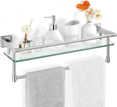 Glass Bathroom Shelf with Towel Bar, Stainless Steel Tempered Towel bar/Track Gl