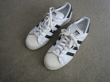 Adidas Superstar Clásico Blanco Negro Rayas Cuero Hombres Tenis Zapatos Talla 9.5