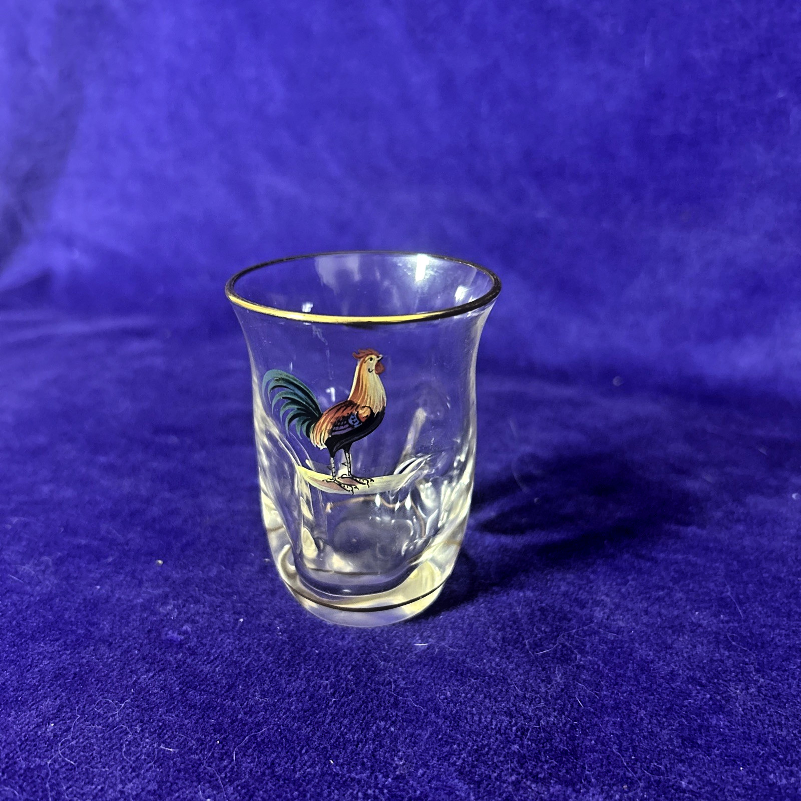 Vintage Rooster Shot Glass Gold Rim Hand Painted 3” Pressed Glass Barware