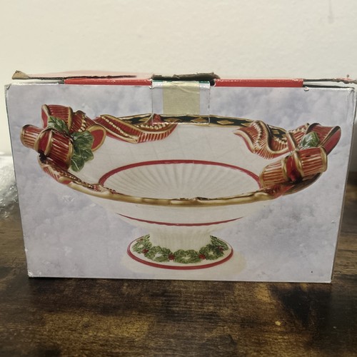 JC Penney Home Collection Ribbons & Holly Footed Ceramic Bowl Christmas Holiday - Picture 1 of 10