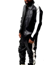 Men's cowhide Leather Tracksuit Sweatsuit black /white Jogging Tracksuit