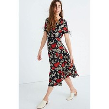 Madewell Floral Print Midi Dress Short Sleeve Tie Detail Black Red Casual