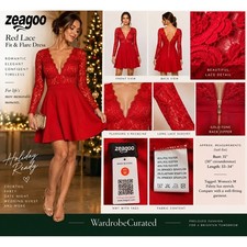 Zeagoo Red Lace Dress Womens M NWT Long Sleeve Fit Flare Cocktail Party Holiday