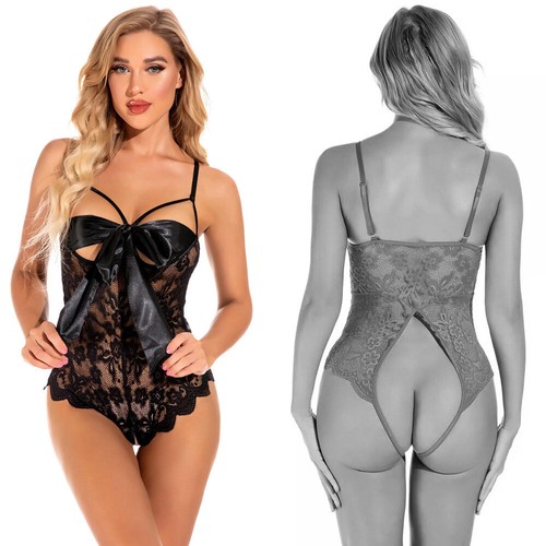 #62 Sexy Womens Crotchless Unwrap Bow Open Cup Cut Out Floral Teddy Lingerie - Picture 18 of 34