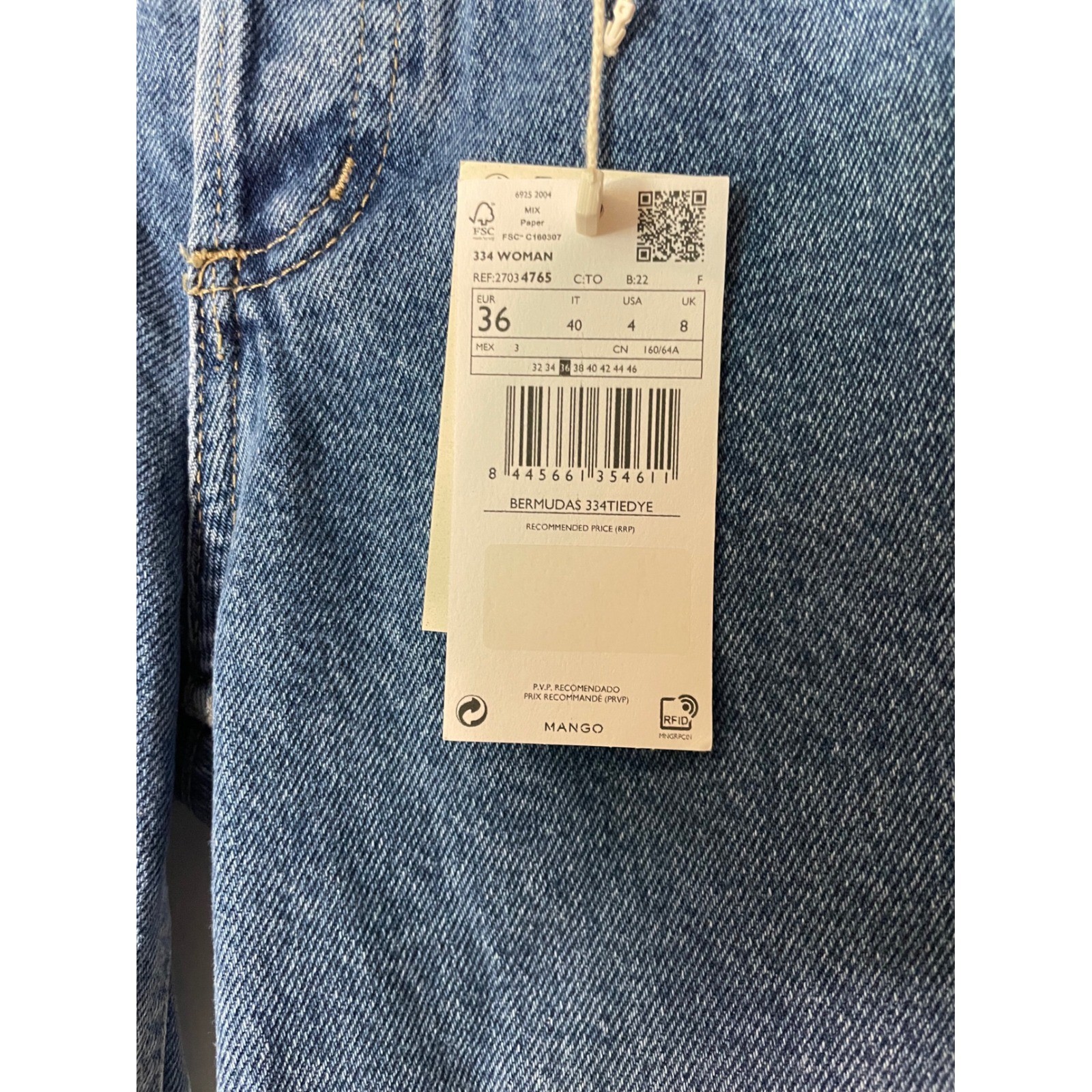 MANGO Woman Bermuda Tie Dye Denim Shorts Size 4 36 Blue White High Waist thumbnail 2