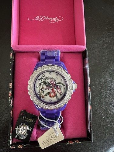 Ed Hardy Flower Wristwatch With Purple Band. - Picture 1 of 4