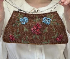 Bijoux Terner New Beaded Floral Evening Bag Brown Beaded Chain Clutch