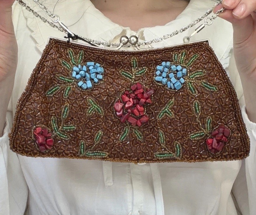 Nuevo Bolso sin asas Bijoux Terner floral con cuentas cadena marrón con cuentas