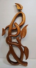 Carved Wooden Leafy Vine Wall Hanging. Handmade. Signed. 19.5x8" W/Hook. MCM