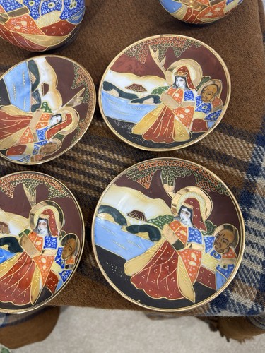 Vintage 15 Pc Japanese Satsuma Moriage Tea Set Red Gold Gilt Geisha Porcelain - Picture 8 of 24