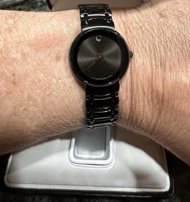 Vintage Movado Museum Black PVD Watch 84 E4 2898   Gold Dot/Hands   Full Set