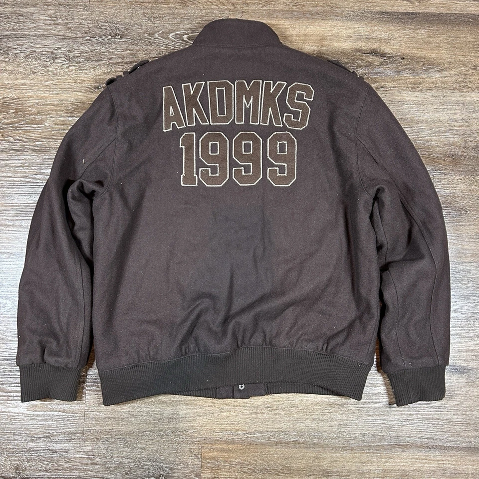 Vintage Akademiks Jacket Men’s XL Brown Button Snap Stitched Wool Blend Bomber - Image 3 of 4