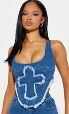 M Frayed Denim Corset/ Tank Top With Cross Detail