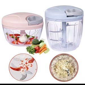 Manual Push Food Chopper Set 2pc Bowl & Lid Stainless Blade Pink/White