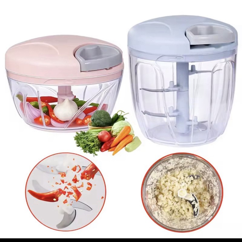 Manual Push Food Chopper Set 2pc Bowl & Lid Stainless Blade Pink/White