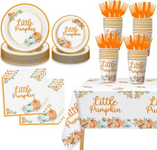 151 Pcs Little Pumpkin Baby Shower Party Decorations Set Serves 25, Pumpkin Plat