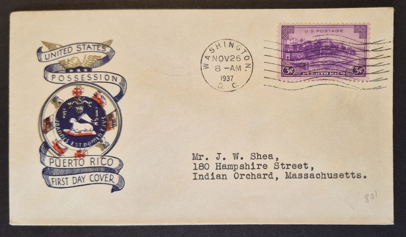 1937 US Scott 801 On A Cover Puerto Rico La Fortaleza Plimpton Cachet