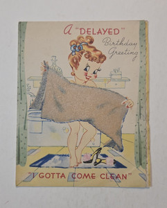 Vintage Flocked Bath Tub Girl Birthday Greeting Card “I Gotta Come Clean”