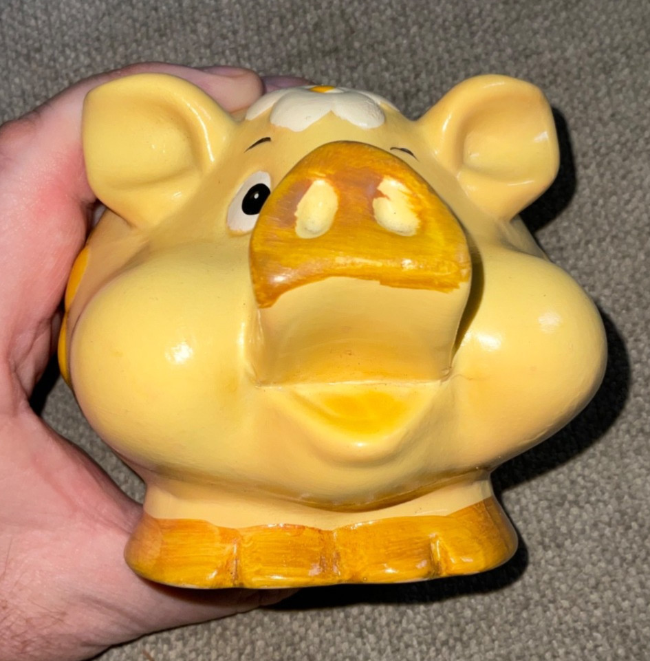 Vintage Ceramic Piggy Bank White Yellow Flowers Retro Daisy NO CHIPS or CRACKS