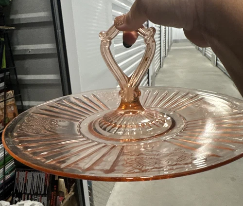 Vintage Pink Depression Glass Cookie Cake Dessert Plate Center Handle