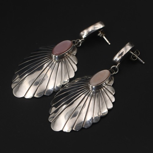 VTG Sterling Silver NAVAJO NAKAI Pink MOP Fluted Wing Dangle Post Earrings - 12g
