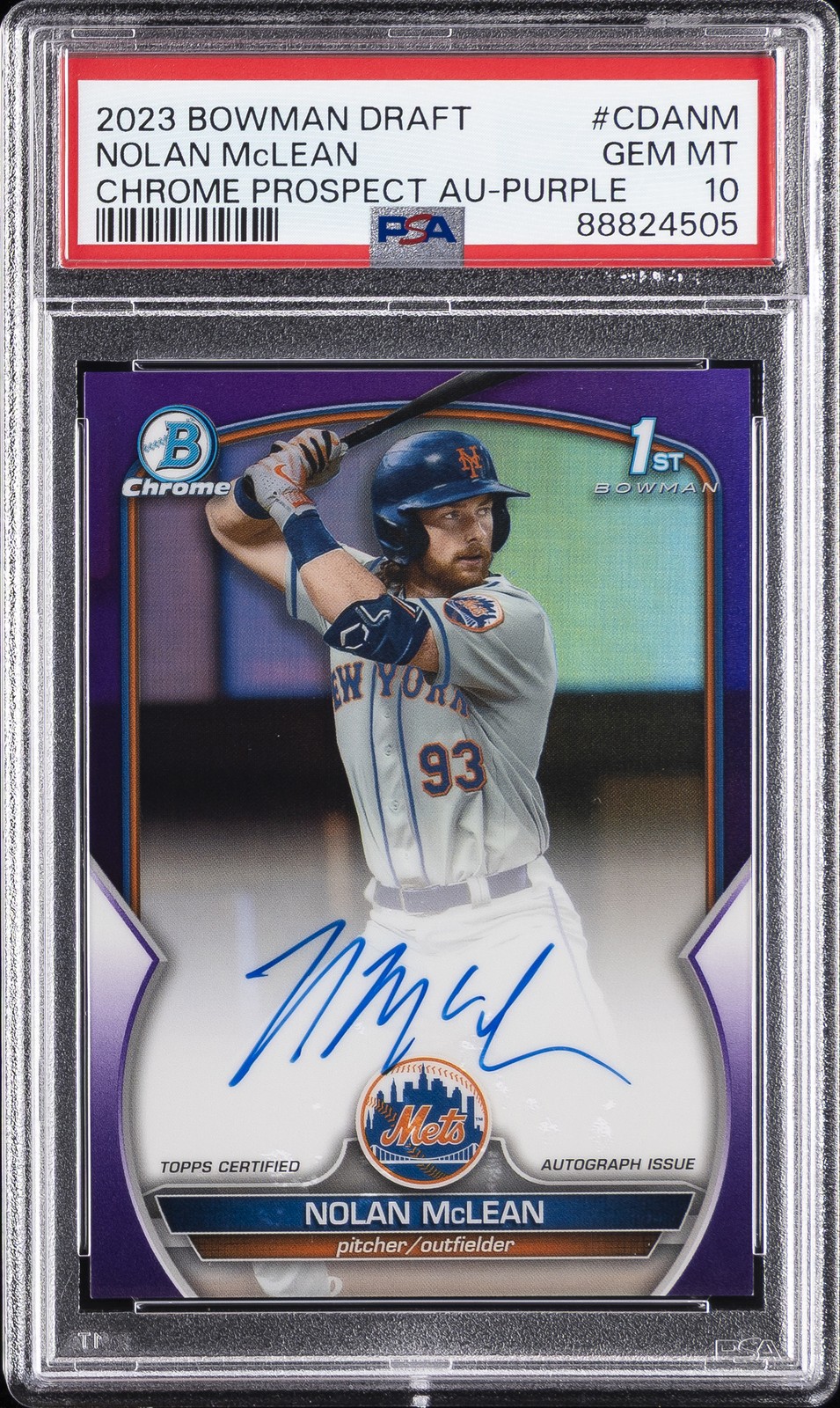 2023 BOWMAN DRAFT CHROME PROSPECT AUTO #CDANM NOLAN MCLEAN 205/250 PSA 10 view 1